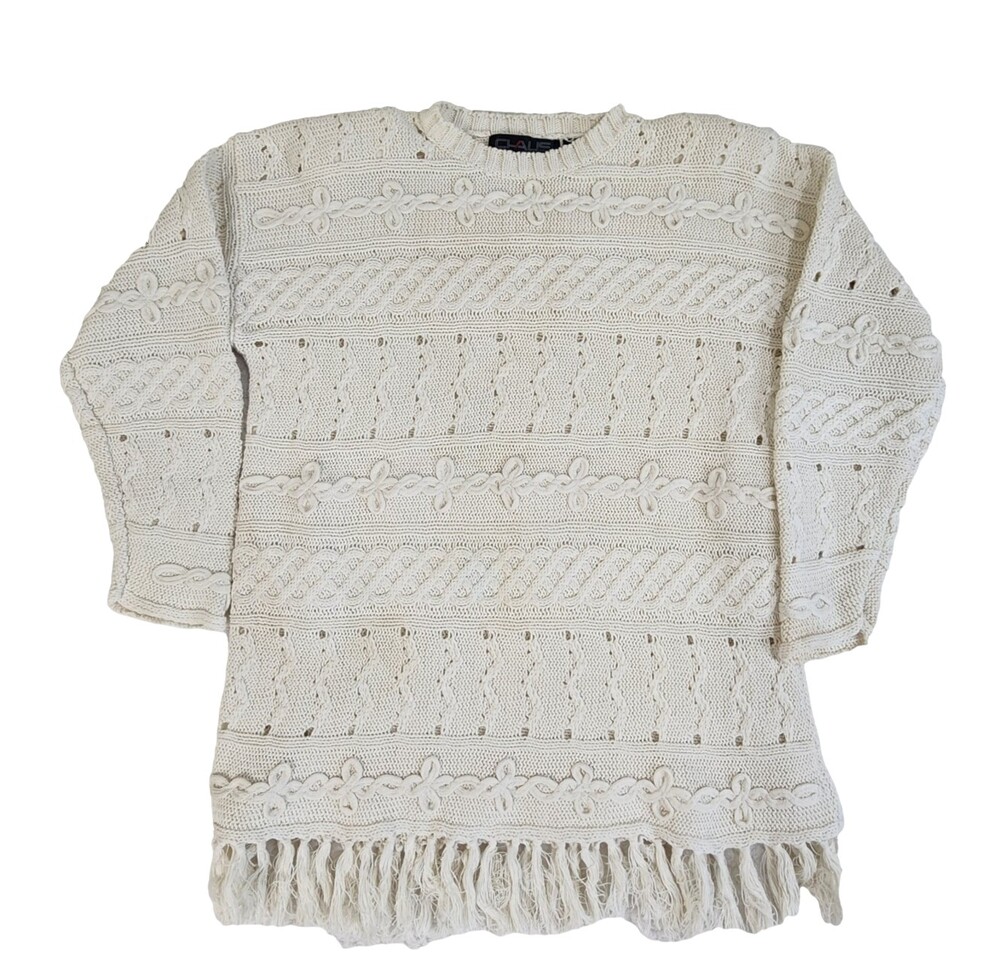 Vintage Chaus Sport Oversize Fringe Cowgirl Chunky Sweater Cable M Cream #1434
